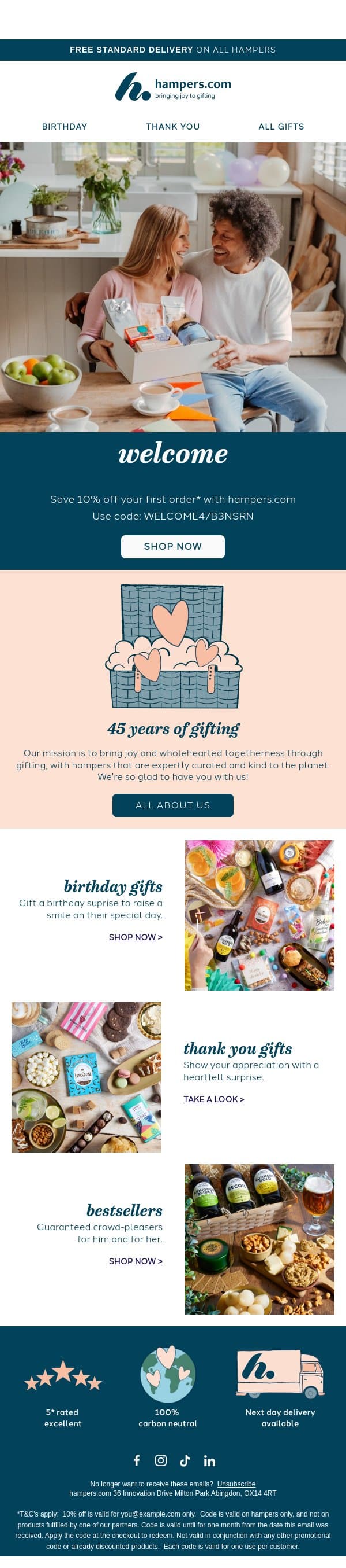 Thanks for signing up! π email from Hampers.com screenshot