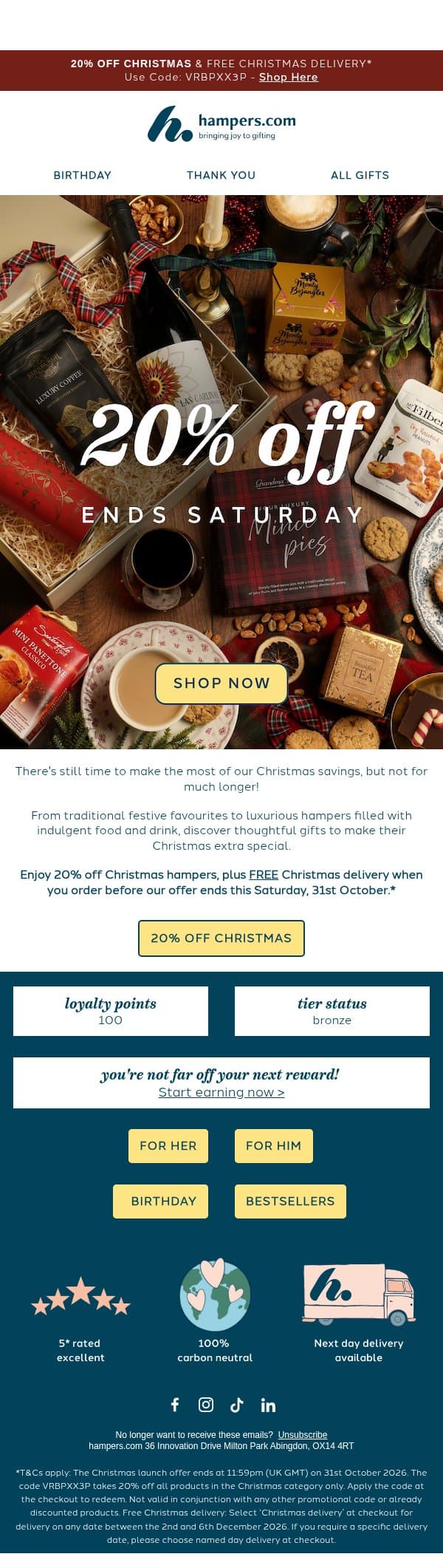 Your 20% Christmas Savings Are Ending Soon! π β email from Hampers.com screenshot