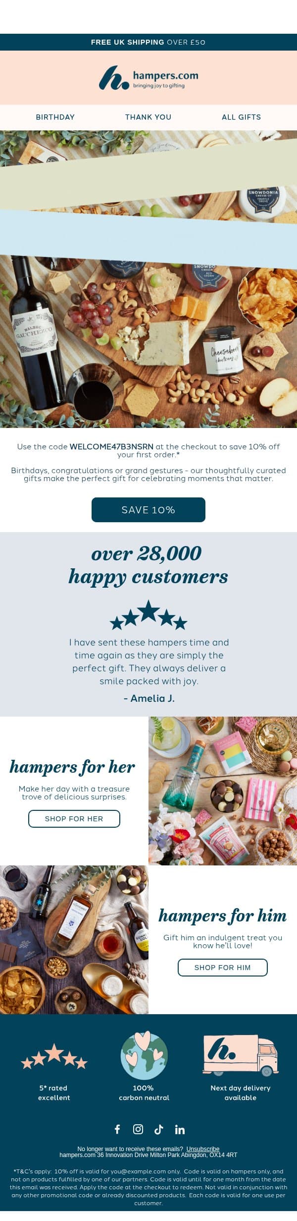 Don't forget your 10% off... email from Hampers.com screenshot
