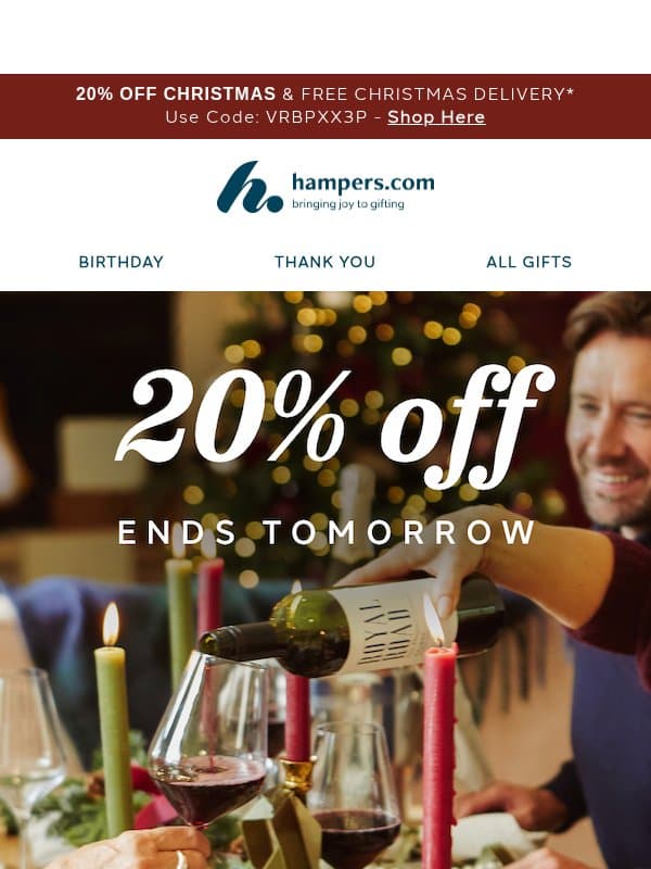 Last Chance for 20% Off 🎄 email from Hampers.com