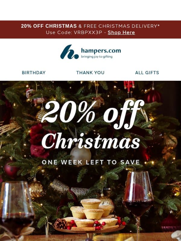 Shop Early and Save 20% 🎄 email from Hampers.com