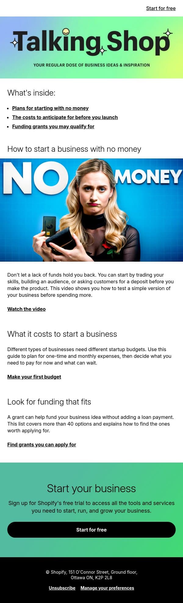💸 Start a business on a budget email from Handshake screenshot
