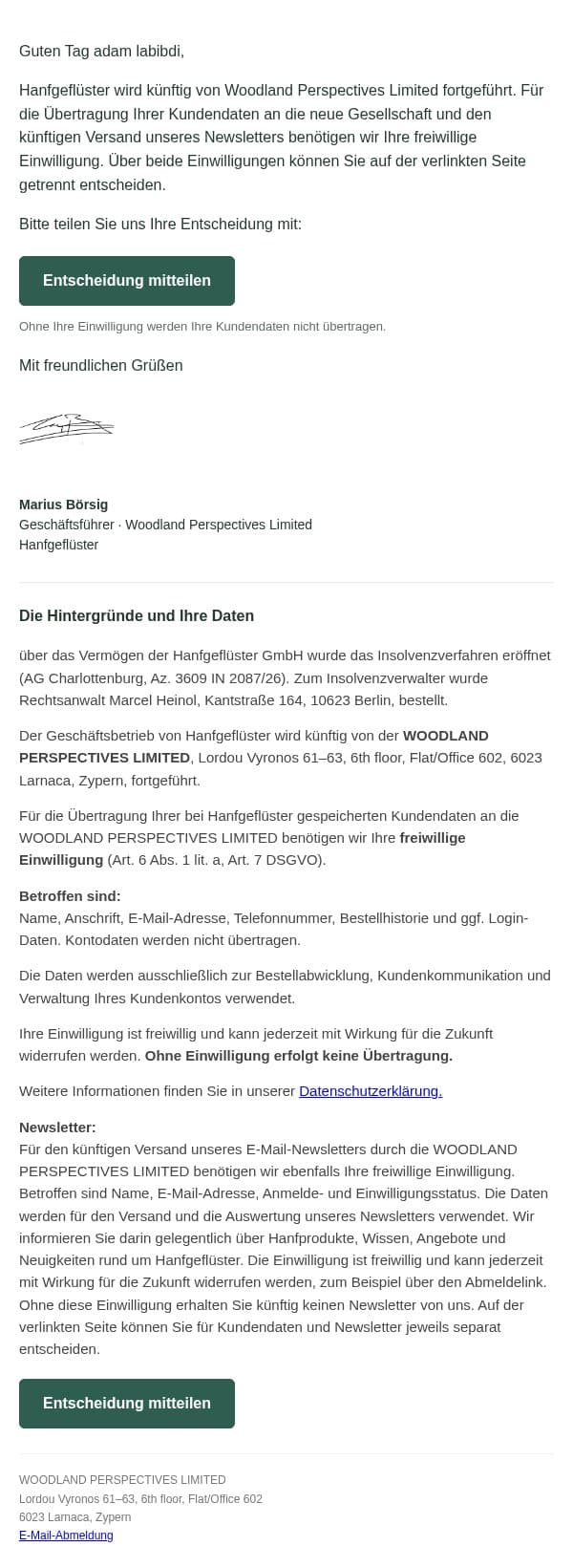 Datenschutzinformation – Ihre Einwilligung ist erforderlich email from Hanfgeflüster screenshot