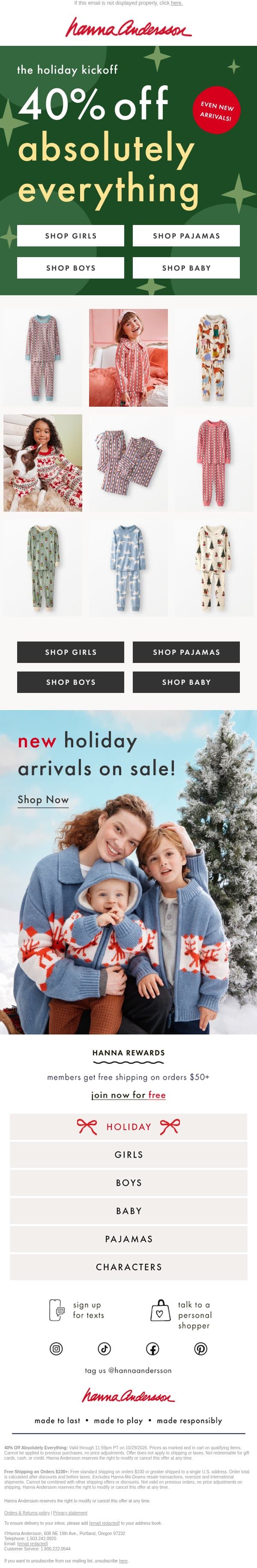 STARTS NOW 🎉 40% Off Absolutely Everything email from Hanna Andersson screenshot