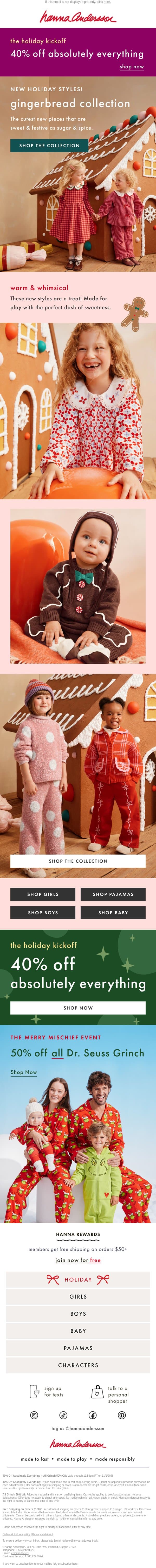 Our NEW Gingerbread Collection: 40% Off 🍪 email from Hanna Andersson screenshot