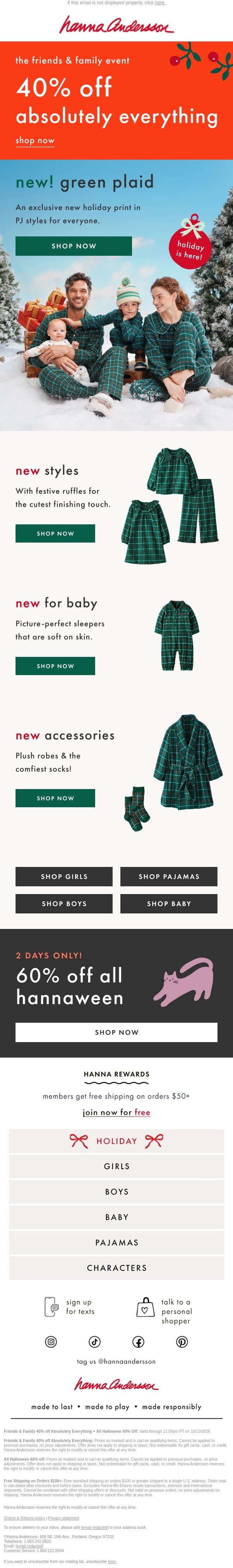 🌲 New Green Plaid + 40% Off ABSOLUTELY EVERYTHING! email from Hanna Andersson screenshot