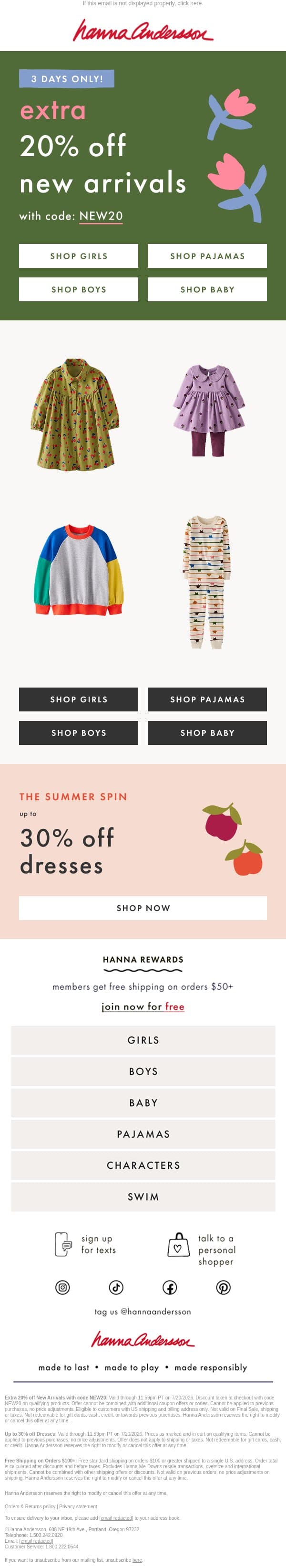 EXTRA 20% Off New Arrivals Starts NOW! email from Hanna Andersson screenshot