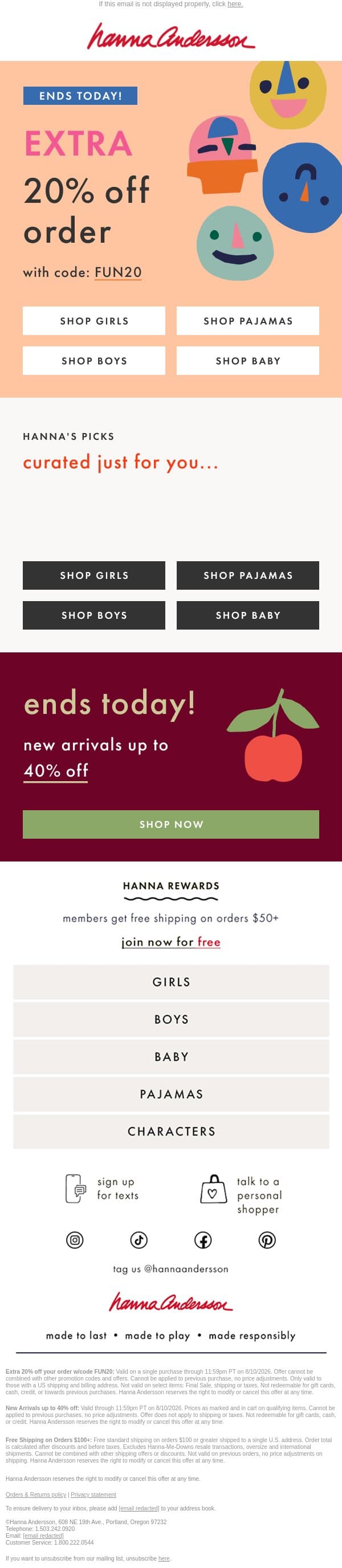 ENDS TODAY ⏰ EXTRA 20% Off email from Hanna Andersson screenshot