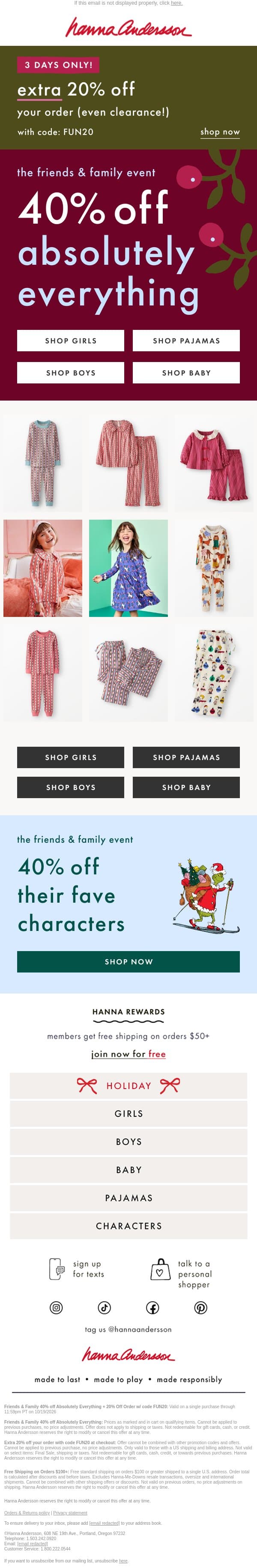 Surprise π EXTRA 20% Off + 40% Off Everything email from Hanna Andersson screenshot