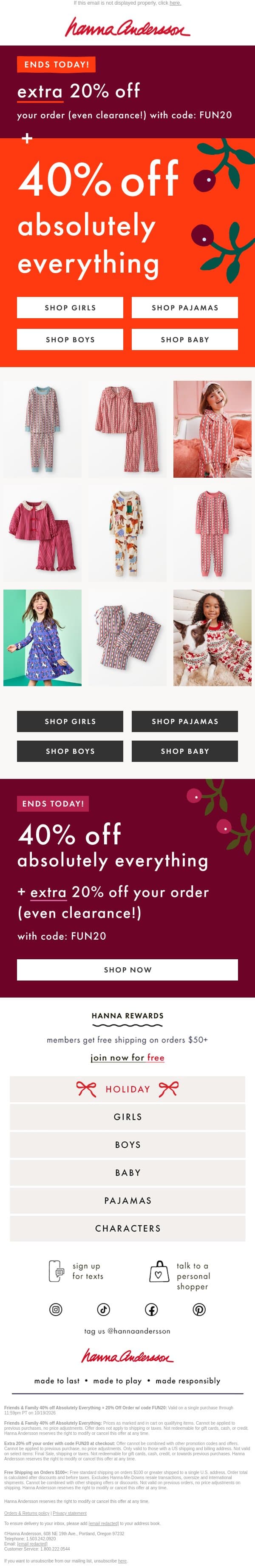 ENDING 🚨 40% Off Everything + EXTRA 20% Off email from Hanna Andersson screenshot