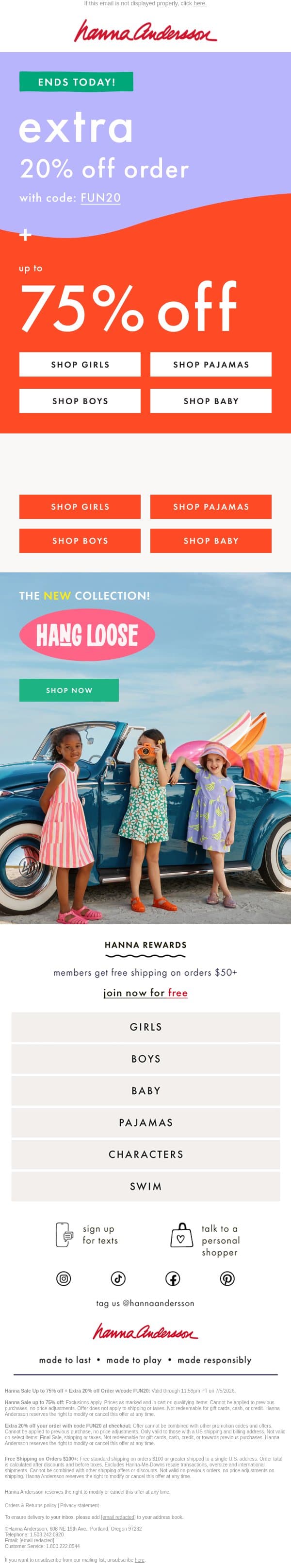 π Extra 20% Off Is ENDING email from Hanna Andersson screenshot