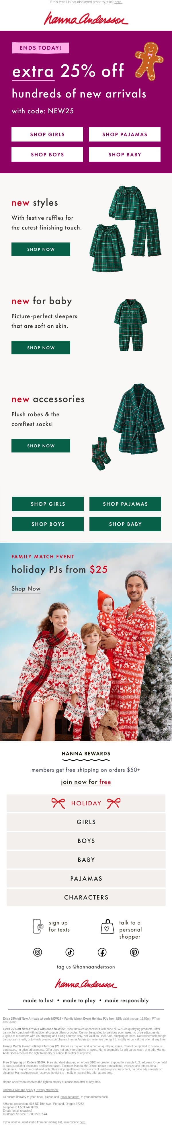 Ends TODAY ‼️ EXTRA 25% Off 100s of New Styles email from Hanna Andersson screenshot