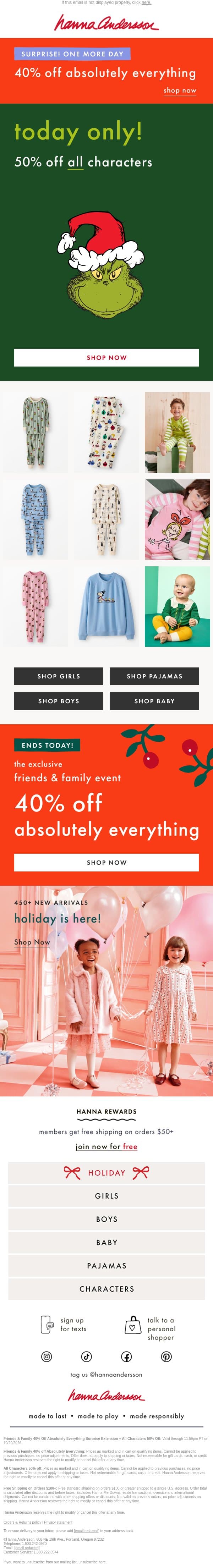 TODAY ONLY: 50% Off Characters + 40% Off Is BACK email from Hanna Andersson screenshot