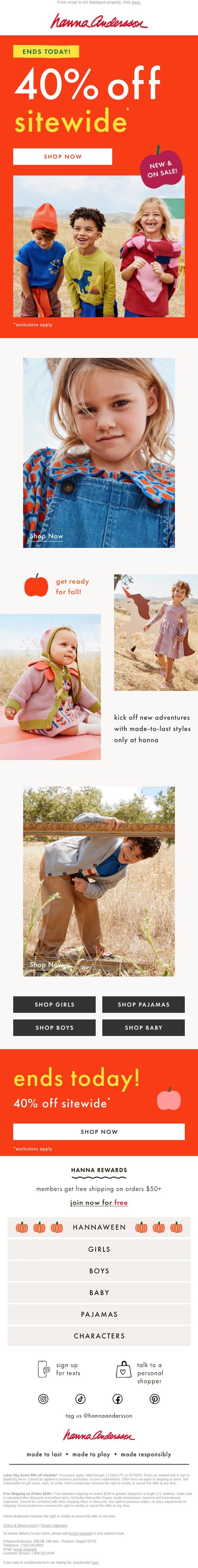40% OFF ENDS TODAY! 🚨 email from Hanna Andersson screenshot