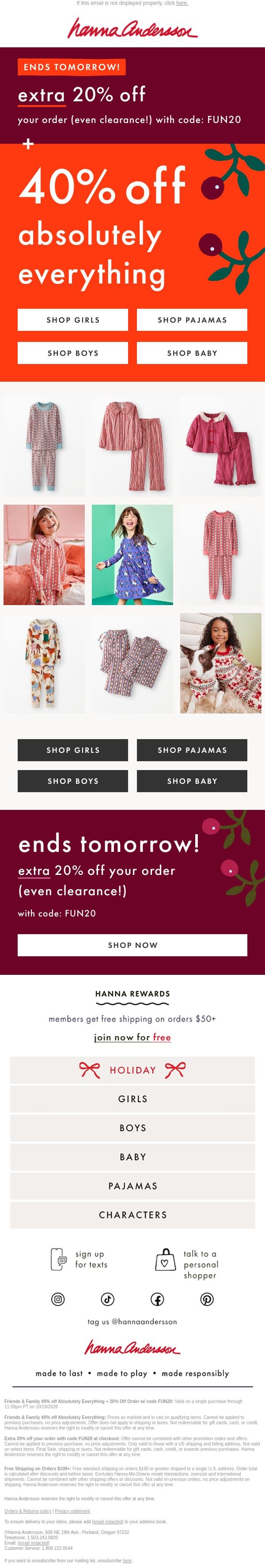 Don’t Miss It 📣 Extra 20% Off Your Order email from Hanna Andersson screenshot