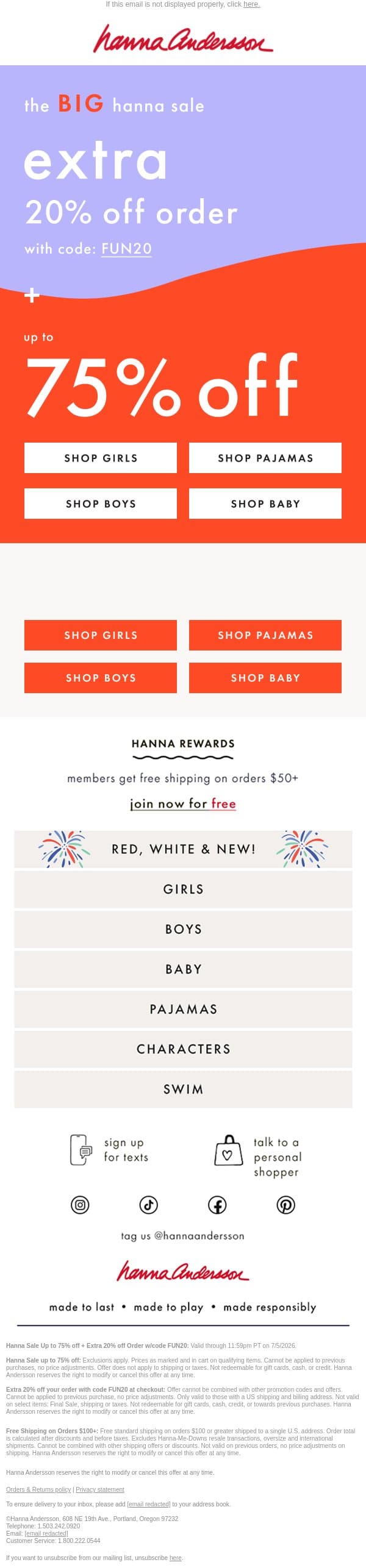 ๐ Now Take An EXTRA 20% Off! email from Hanna Andersson screenshot