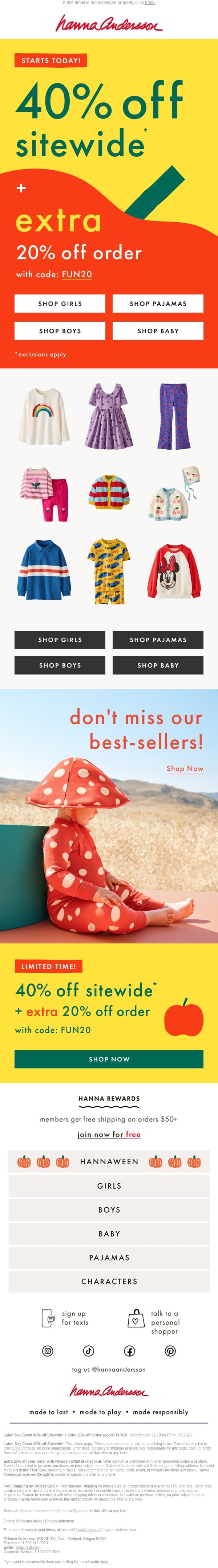 EXTRA 20% Off ORDER Starts Now❗️ email from Hanna Andersson screenshot