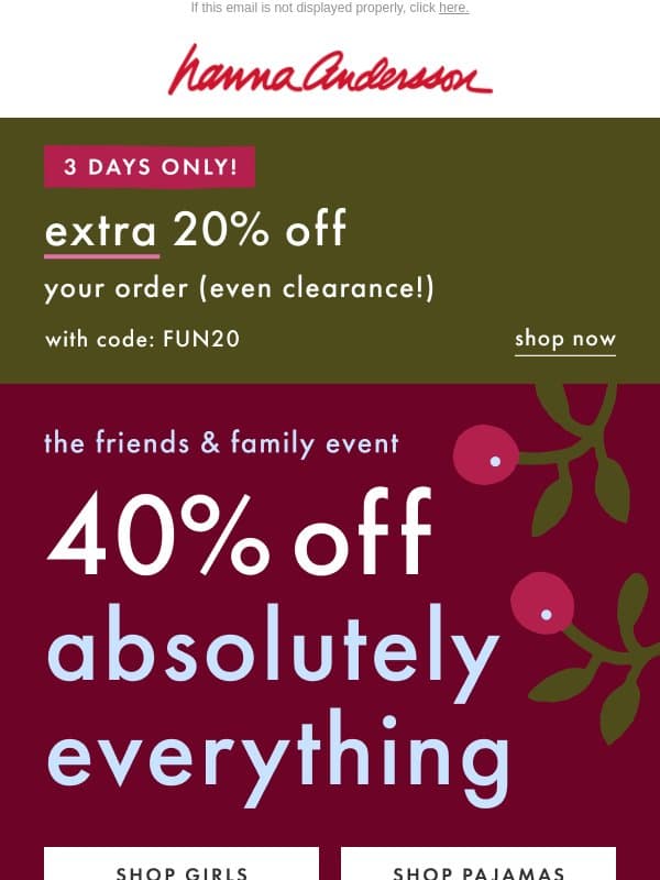 Surprise π EXTRA 20% Off + 40% Off Everything email from Hanna Andersson