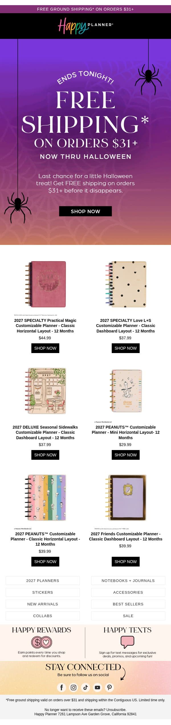 FREE Shipping Ends Tonight 🦇 email from Happy Planner screenshot