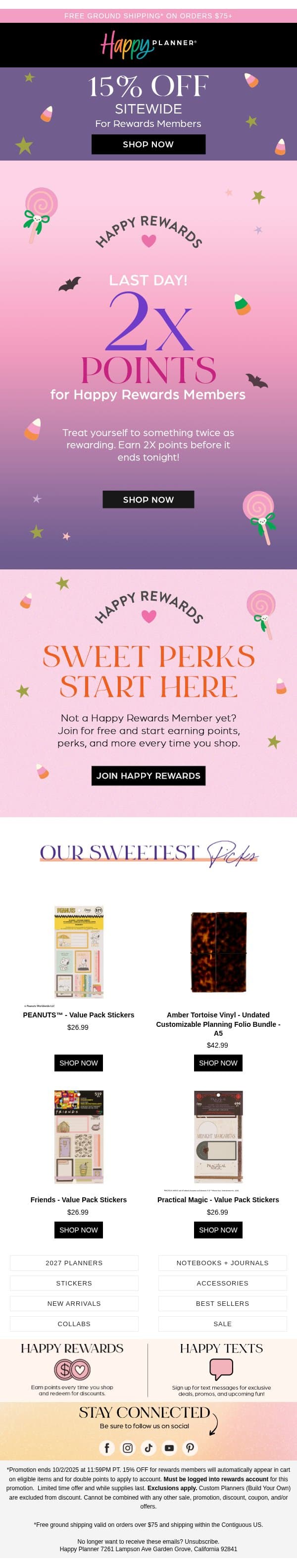 15% OFF + 2X Points Ends Tonight email from Happy Planner screenshot