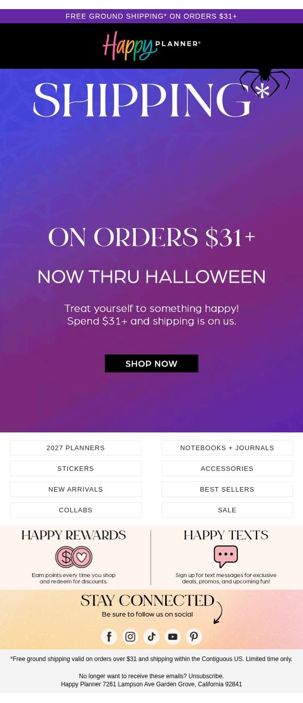 Treat Yourself to FREE Shipping* email from Happy Planner screenshot