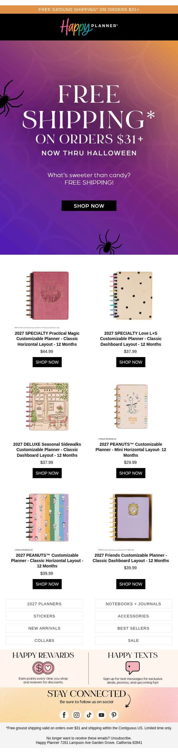 FREE Shipping? Now That’s a Treat! email from Happy Planner screenshot