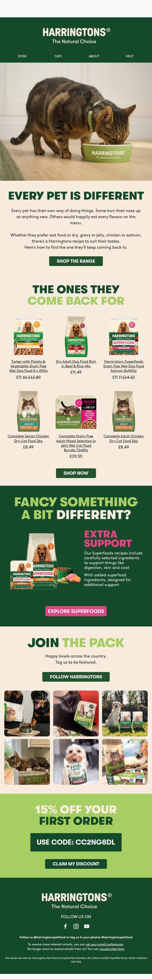 Not sure which food to choose? 🐾 email from Harringtons screenshot