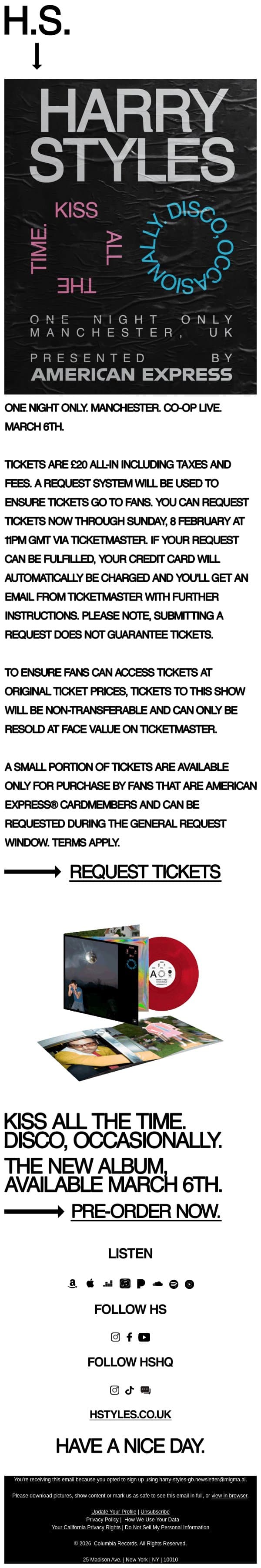 One Night Only. Request Tickets Now. email from Harry Styles screenshot
