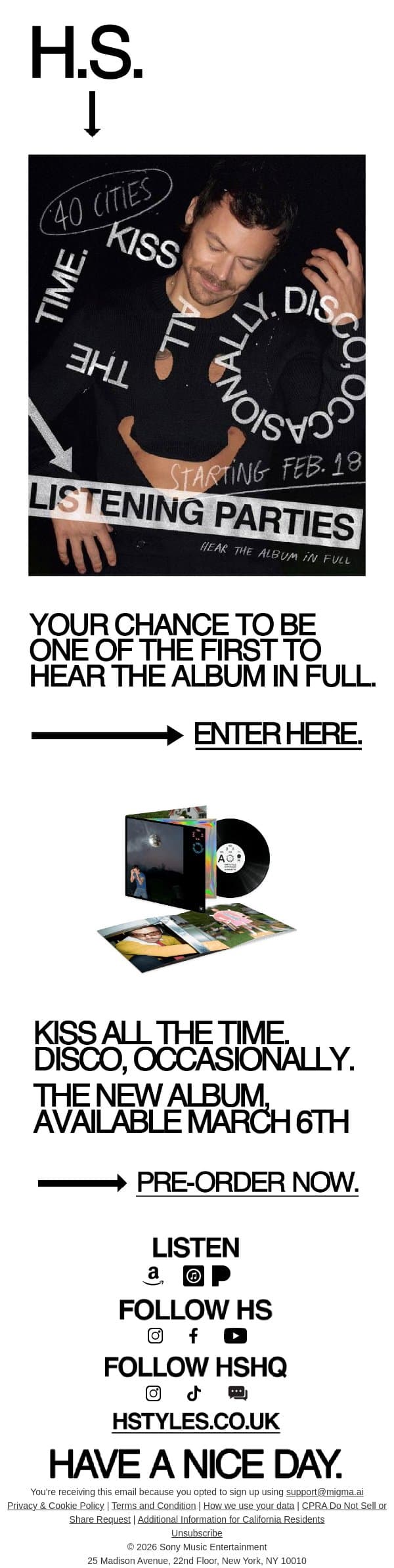 Hear The Album, Early. email from Harry Styles screenshot
