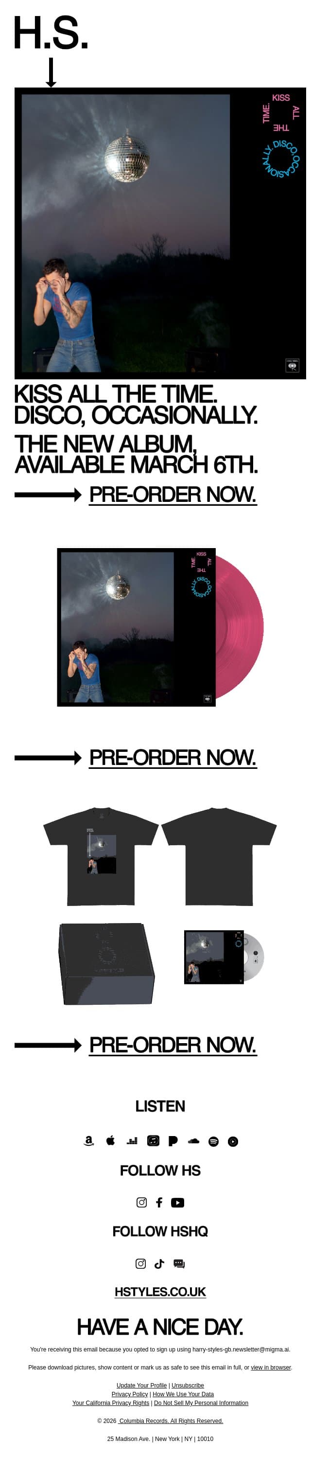 Kiss All The Time. Disco, Occasionally. Available March 6th! email from Harry Styles screenshot