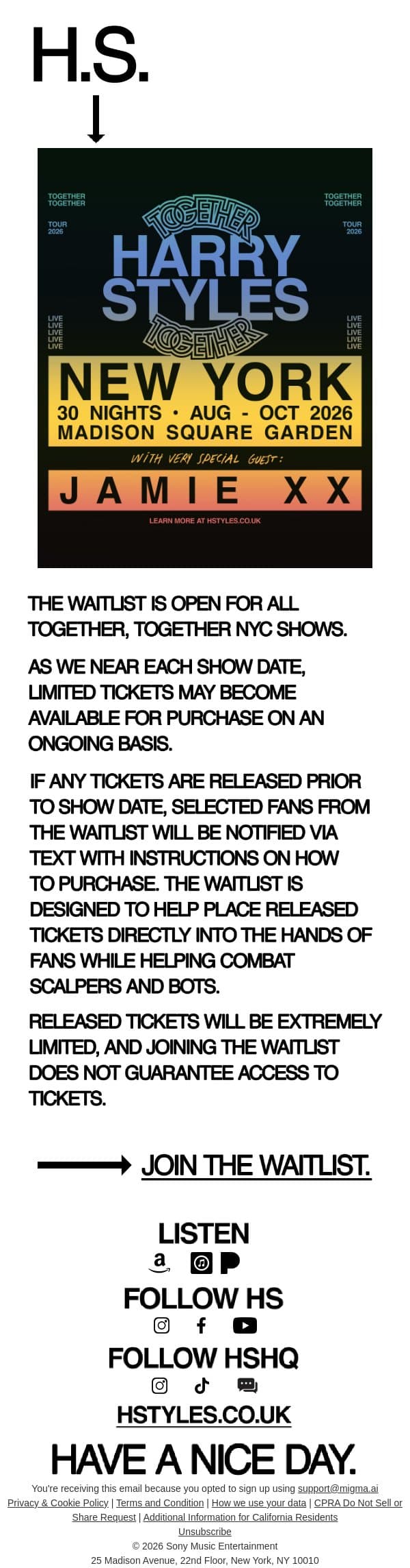 Together, Together MSG Ticket Waitlist email from Harry Styles screenshot