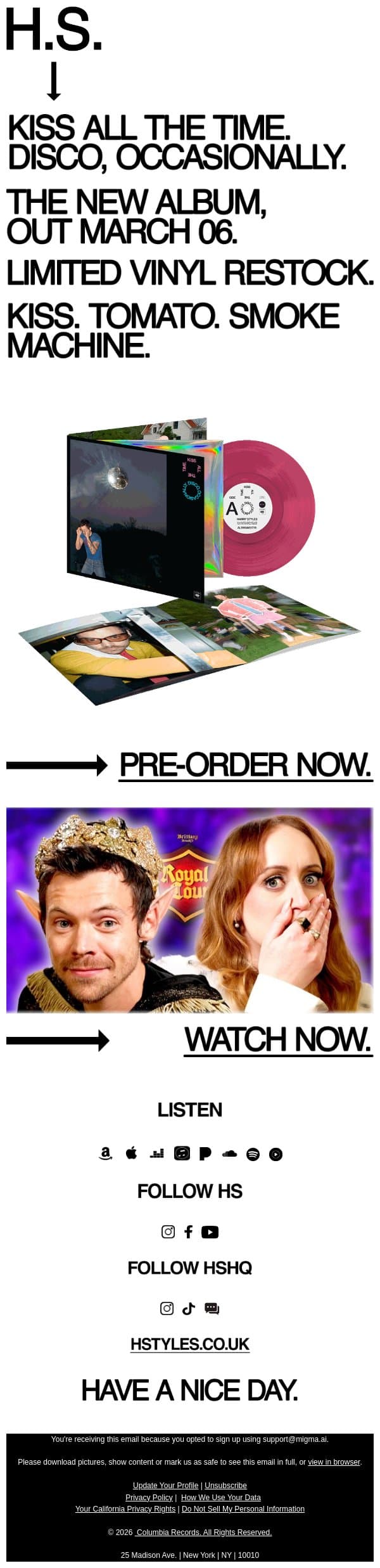 Kiss. Tomato. Smoke Machine Vinyl. Restocked. email from Harry Styles screenshot