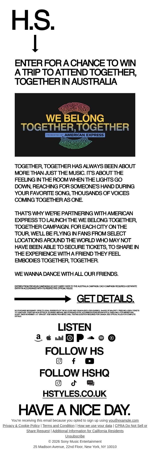 We Belong Together, Together in Australia email from Harry Styles screenshot