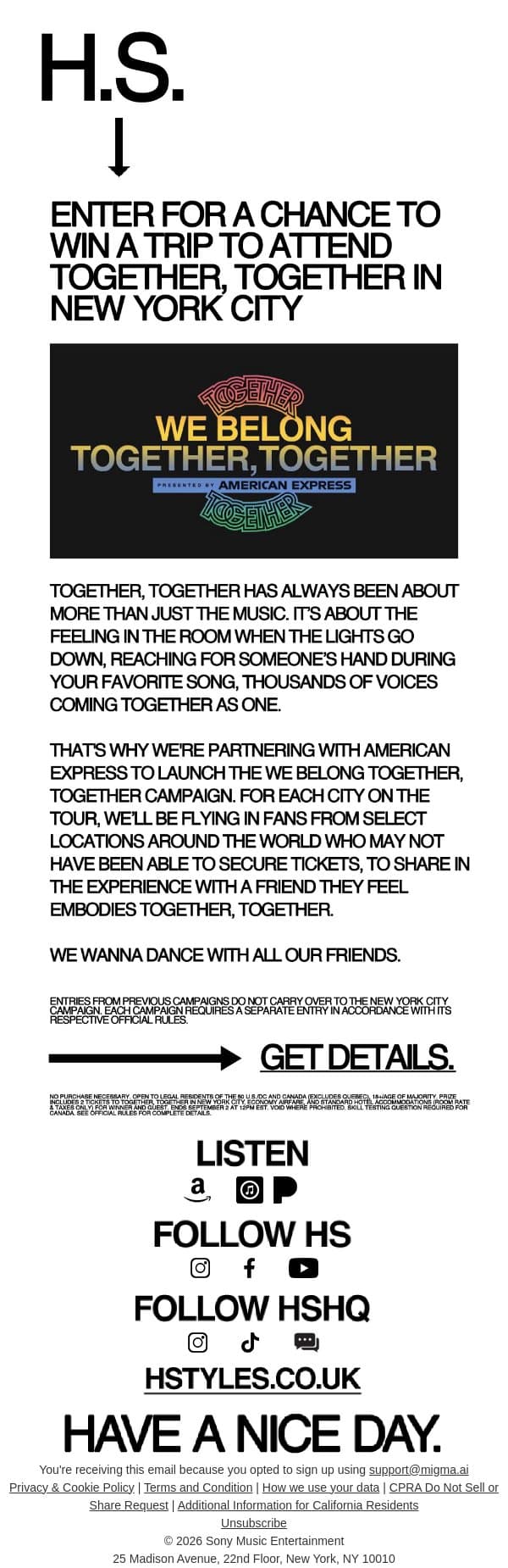 We Belong Together, Together in NYC email from Harry Styles screenshot