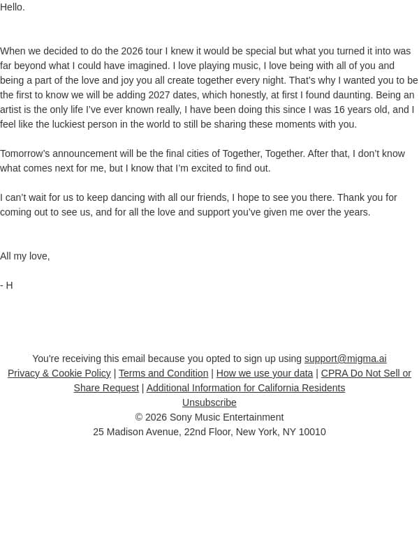 A message from Harry email from Harry Styles screenshot