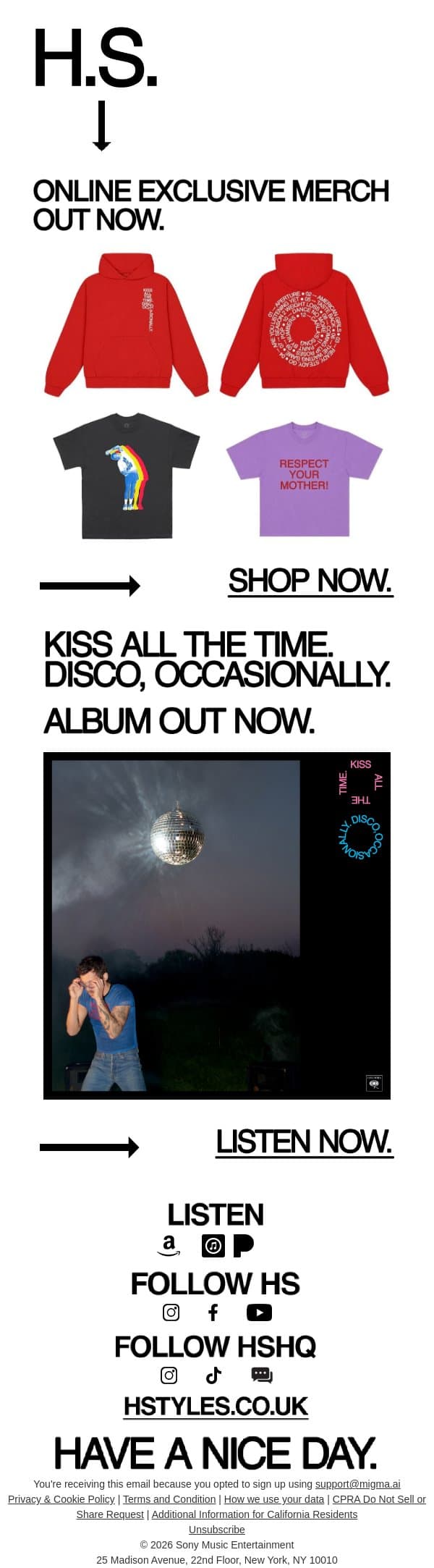 New Exclusive Merch Items Available Now. email from Harry Styles screenshot