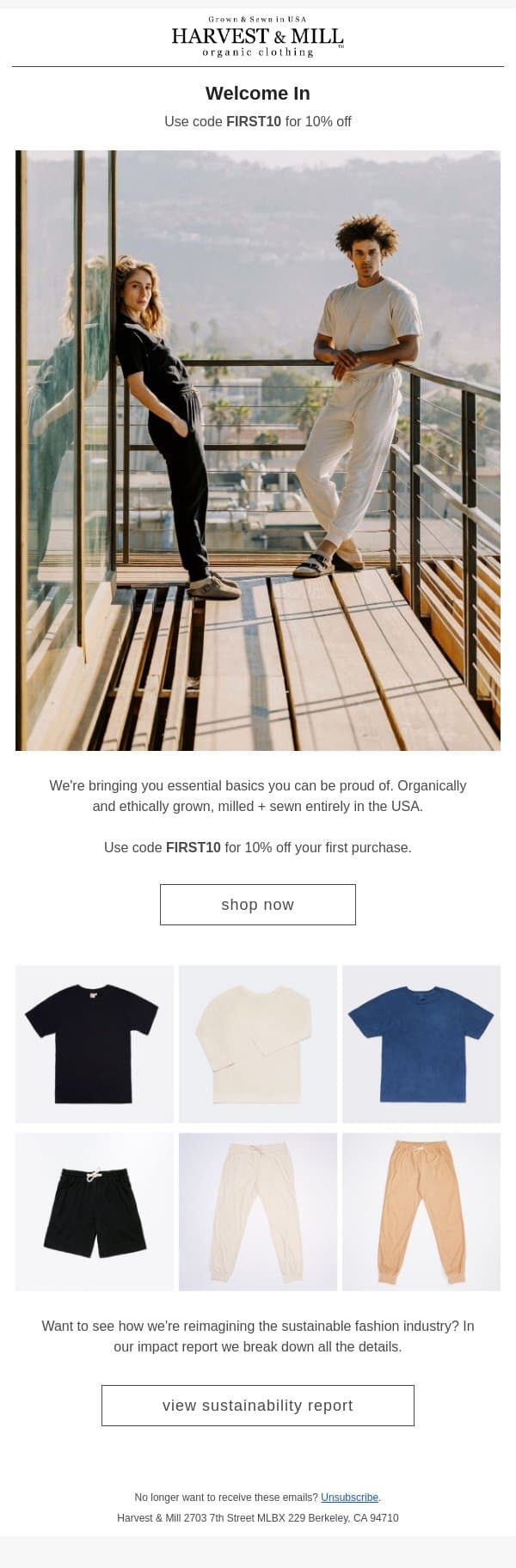 Here's 10% off your first purchase! email from Harvest & Mill screenshot
