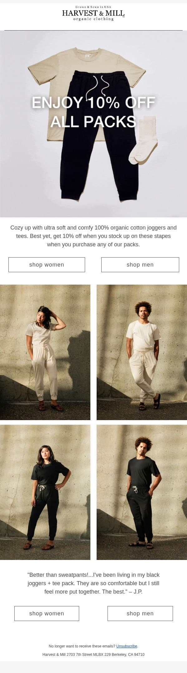 10% Off Comfy Organic Cotton Packs email from Harvest & Mill screenshot