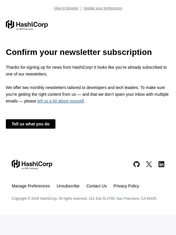 Confirm your HashiCorp newsletter choice email from HashiCorp screenshot