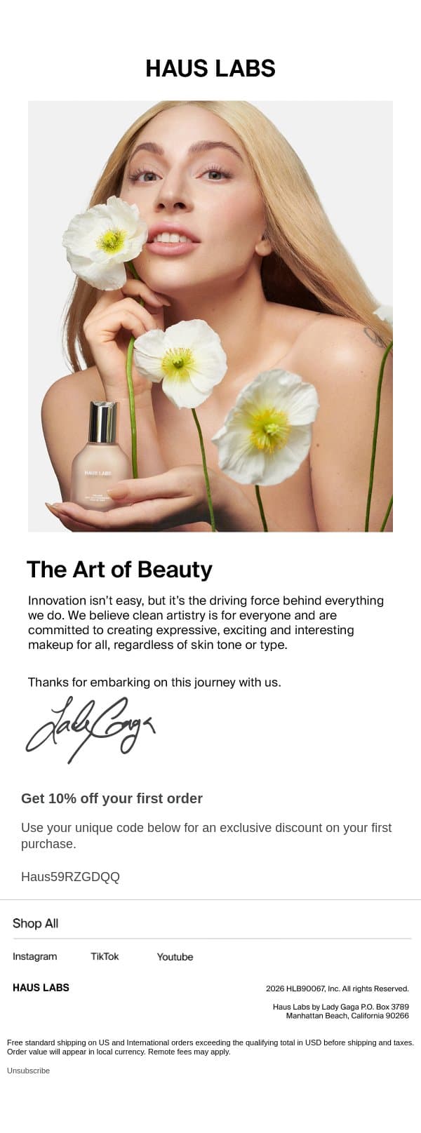 Welcome To Haus Labs email from Haus Labs screenshot