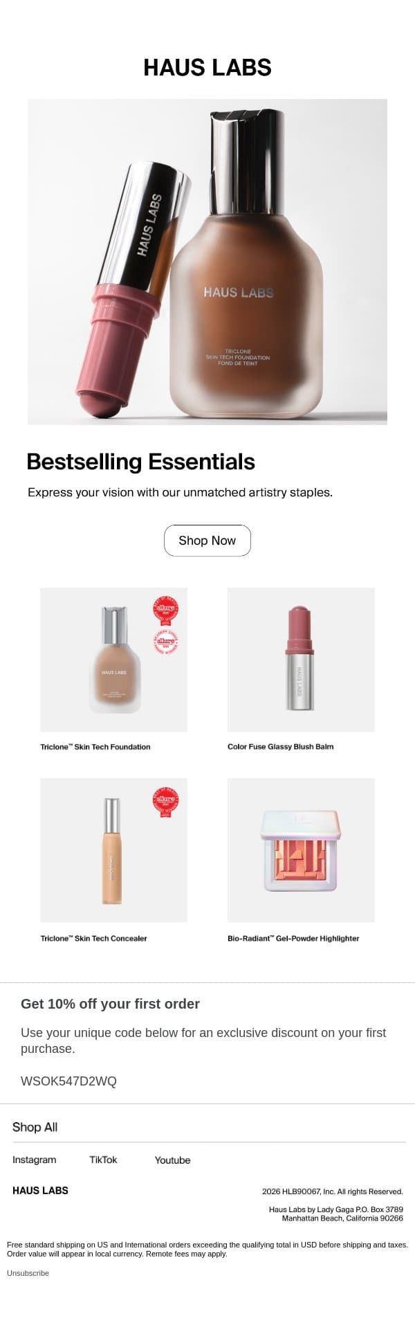 Clean Beauty Artistry Essentials email from Haus Labs screenshot