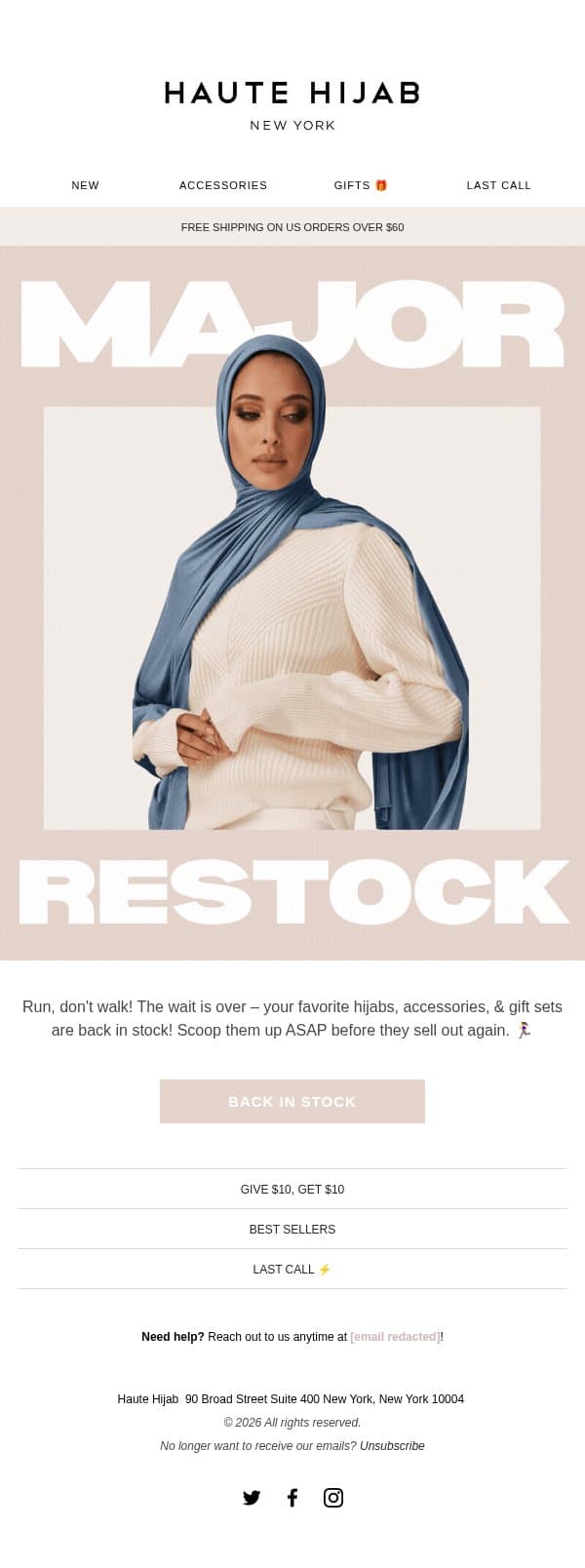 MAJOR RESTOCK ALERT 🥳 email from Haute Hijab screenshot