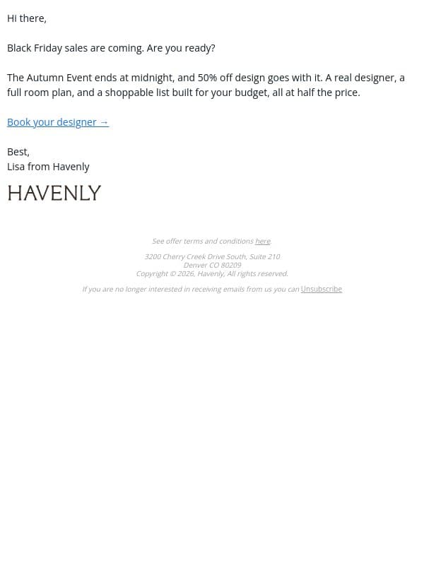 50% off design ends tonight email from Havenly