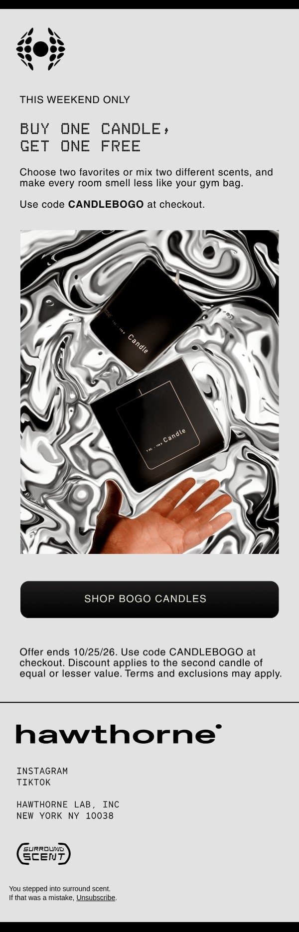 Buy one, get one free on candles email from Hawthorne screenshot