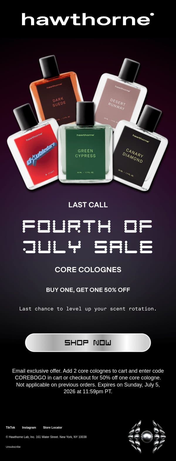 LAST CALL: BOGO 50% off Core Colognes email from Hawthorne screenshot