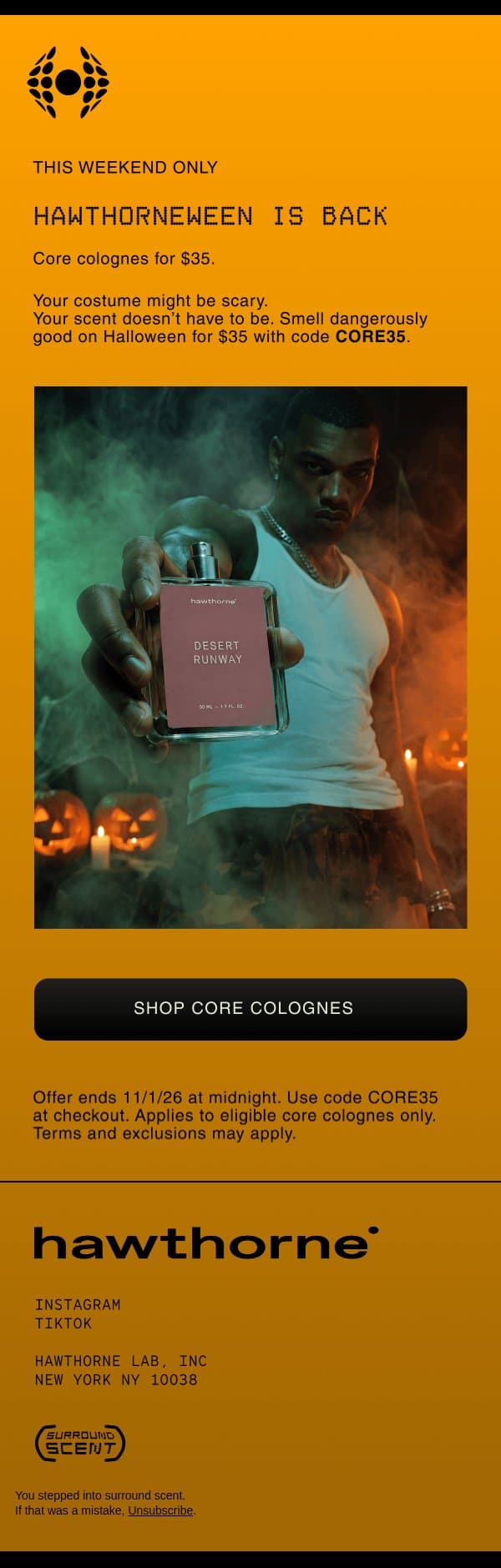 $35 Colognes This Weekend email from Hawthorne screenshot