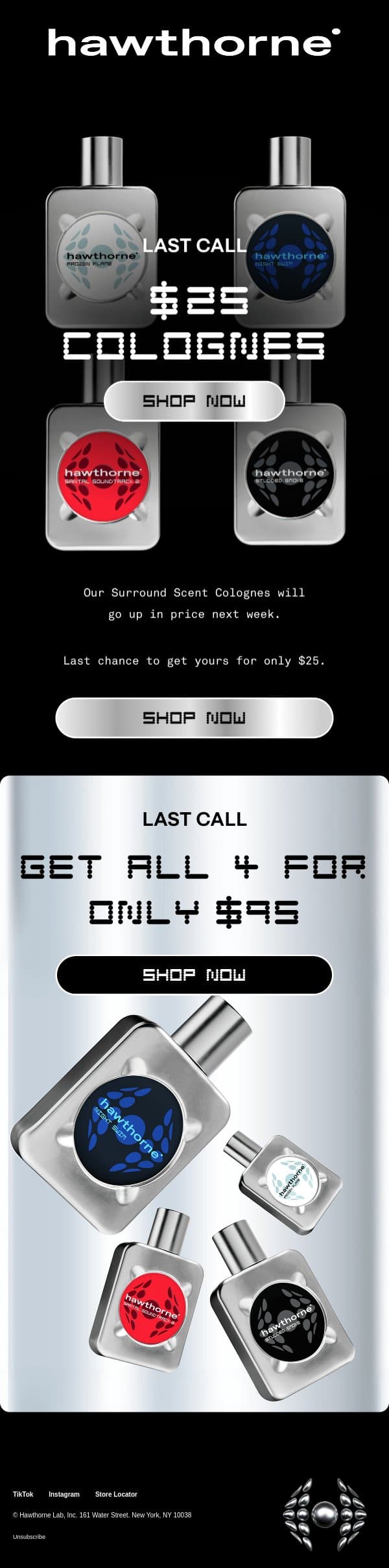 LAST CALL: $25 Surround Scent Colognes email from Hawthorne screenshot