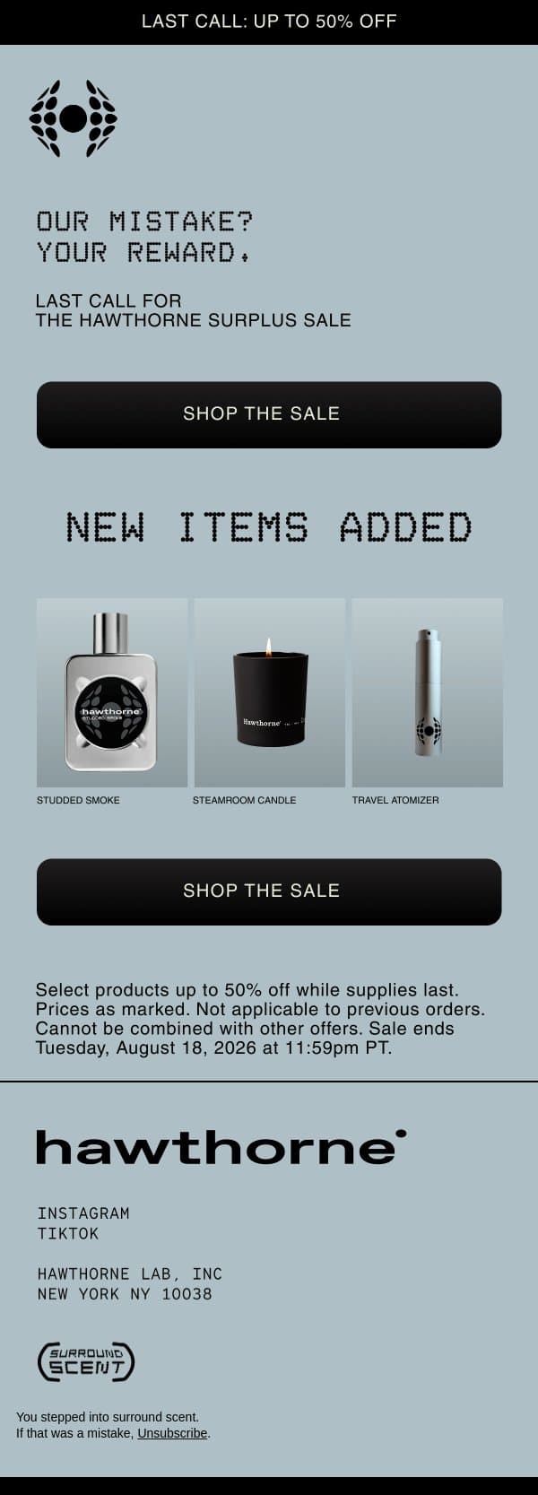 Last Chance: Save Up to 50%. email from Hawthorne screenshot