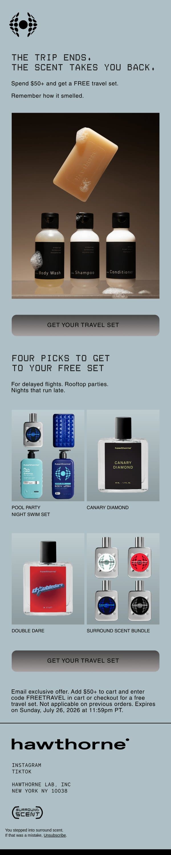 Free travel set on orders $50+ email from Hawthorne screenshot
