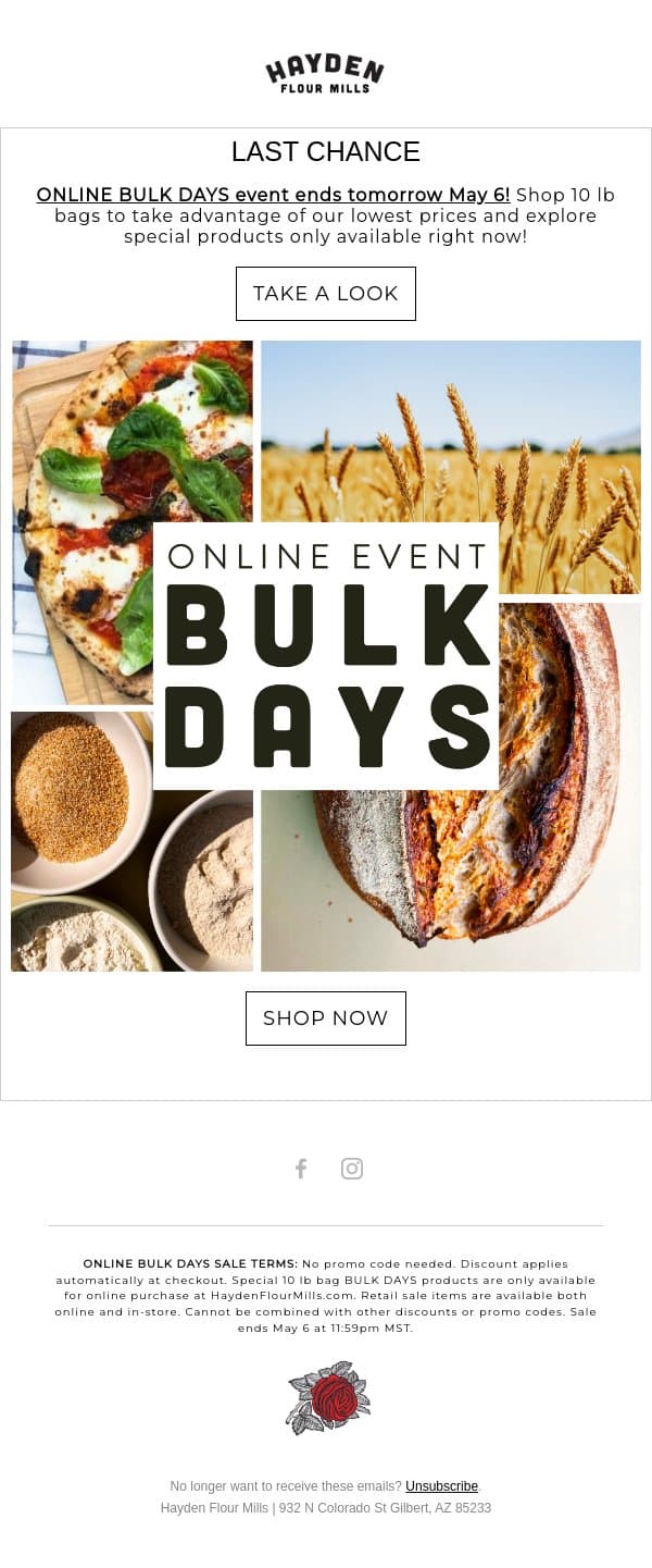 One day left email from Hayden Flour Mills screenshot